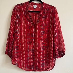 Old Navy Sheer Red Button Down 3/4 Sleeve Blouse with Polka Dots, Size M